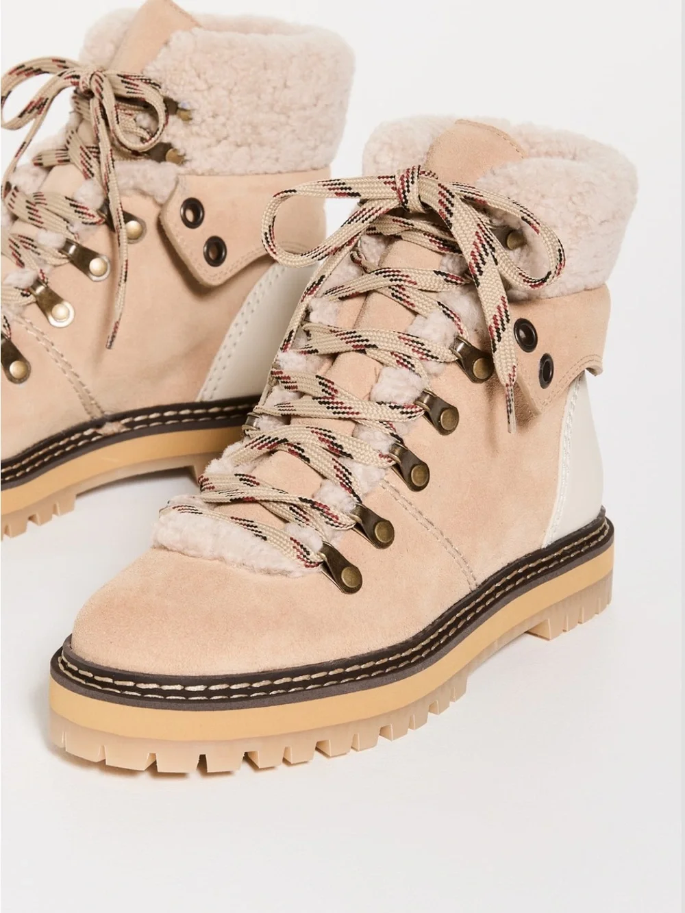 See By Chloe Suede Sherpa-Lined Hiker Boots - Beige